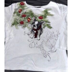 Karen Scott Christmas Shirt Top French Bull Dog Holiday Size Petite Large